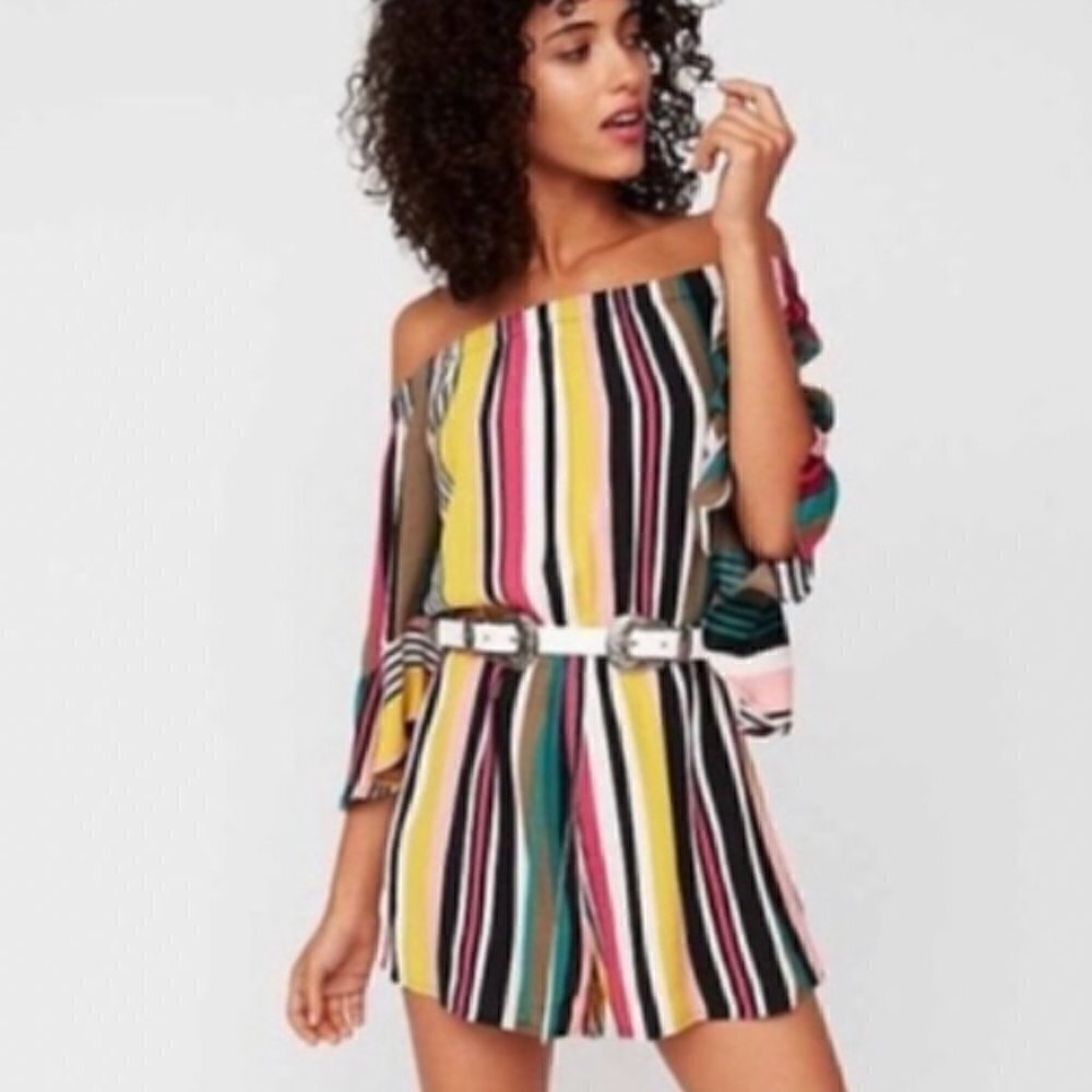 Express SZS Multi Color Stripe Romper Boho Chic Resort 80's Retro Comfy Festival